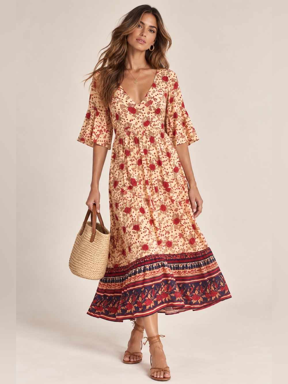 298$ Never Fully Dressed Beige Floral V-Neck Midi Dress with Red Print